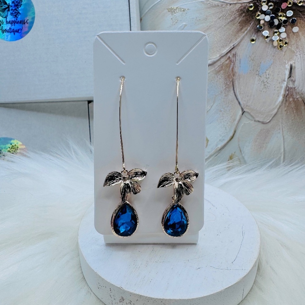 Golden Flower w/ blue faux crystal Dangle long Earrings